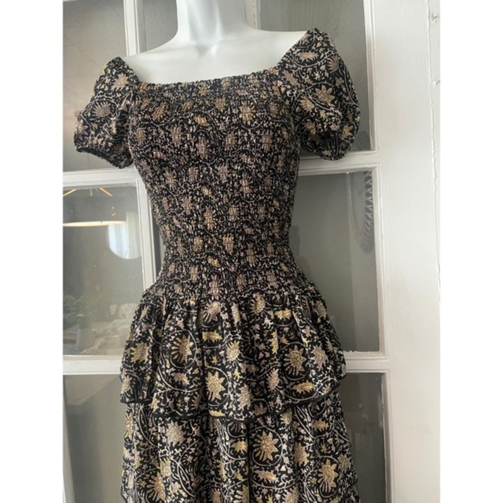 Muche et Muchette Black Gold Floral Smocked High-Low Tiered Ruffle Maxi Dress - Picture 6 of 10